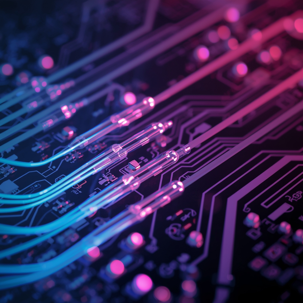 Abstract visualization of data flowing through fiber optic cables, neon colors, cyan and magenta, detailed circuit board texture background, macro shot